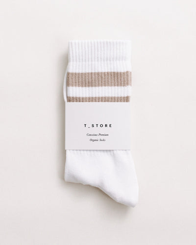 WHITE & TAN ORGANIC STRIPE SPORTS SOCKS