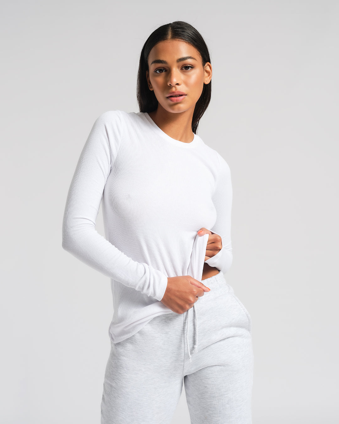 LONG SLEEVE RIBBED CREW NECK IN WHITE